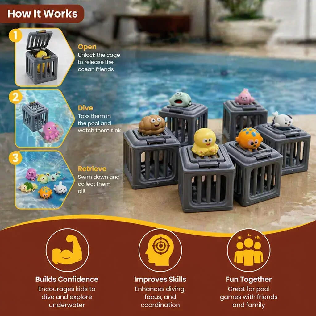 Underwater Ocean Rescue Mission – Diving Pool Game with 6 Interactive Sea Animals & Floating Rescue Cages