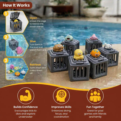 Underwater Ocean Rescue Mission – Diving Pool Game with 6 Interactive Sea Animals & Floating Rescue Cages