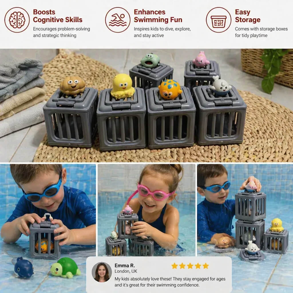 Underwater Ocean Rescue Mission – Diving Pool Game with 6 Interactive Sea Animals & Floating Rescue Cages