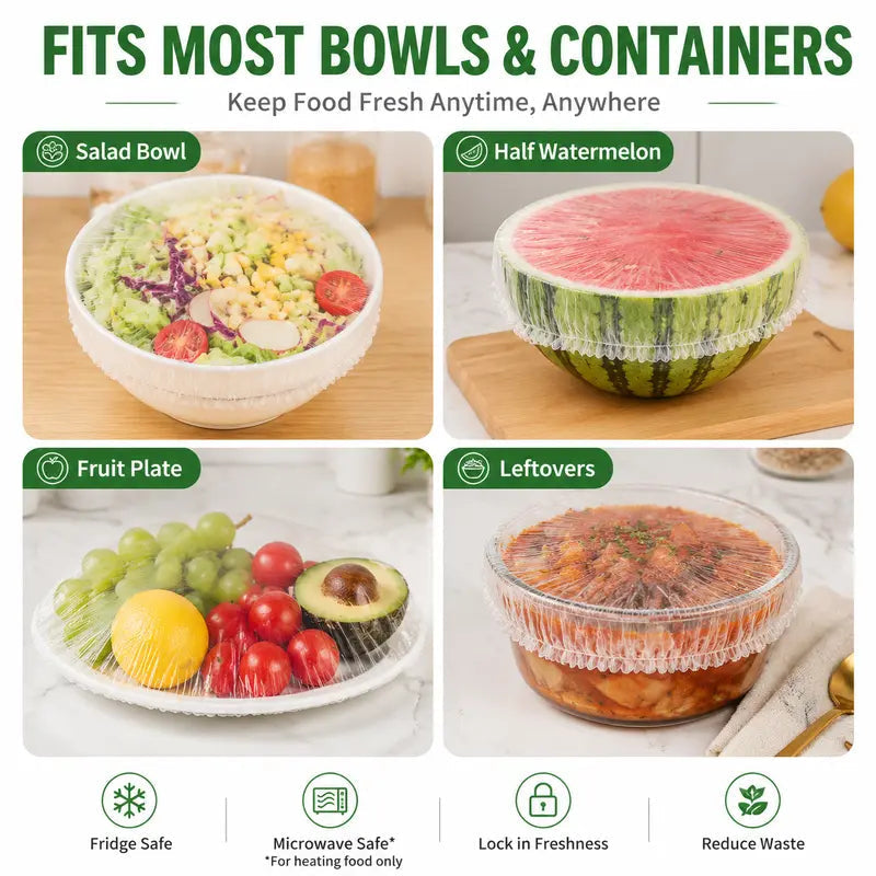 100PCS Plastic Bowl Covers – Elastic Reusable Food Wrap